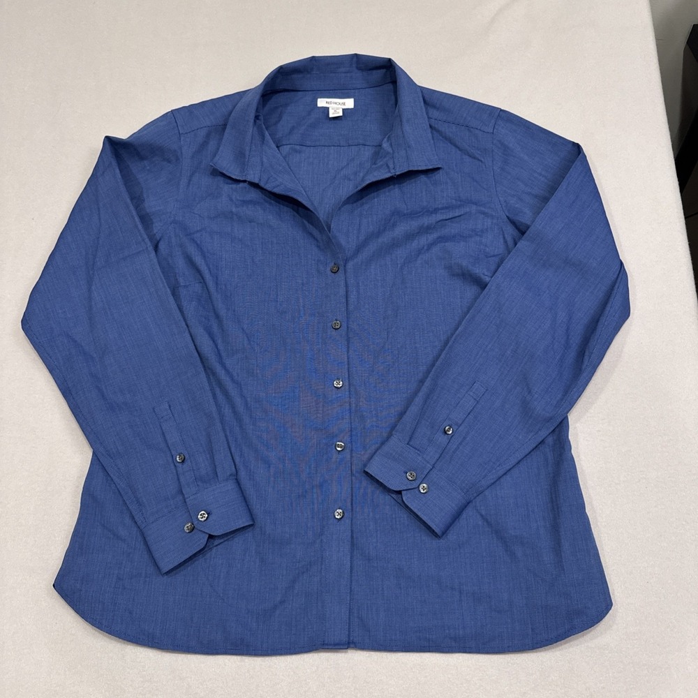 Red House Women Nailhead Non-Iron Long Sleeve Button Down Shirt Blue Grid Sz XL
